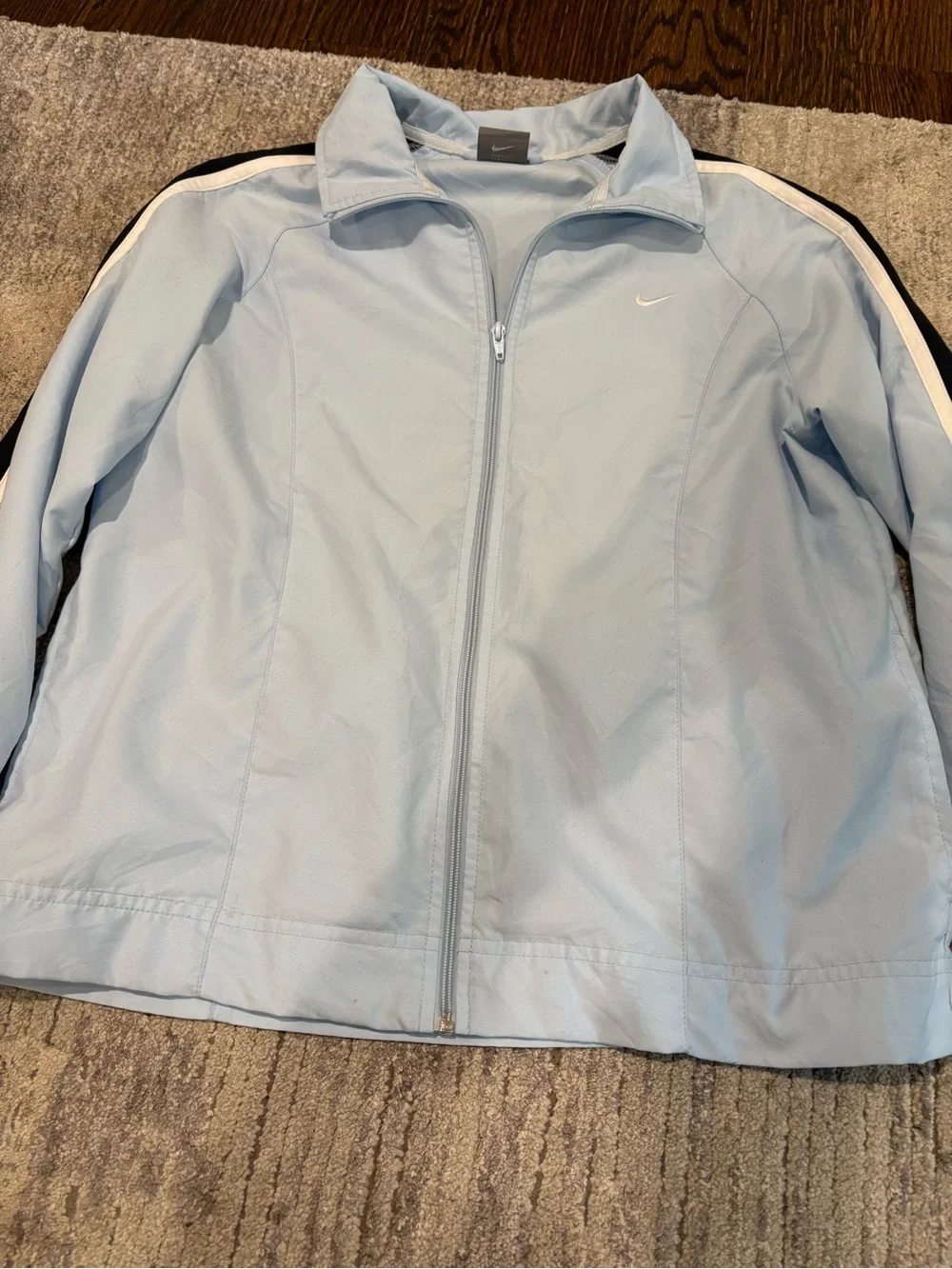Nike Baby Blue Women’s Track Jacket with Black and White Stripes